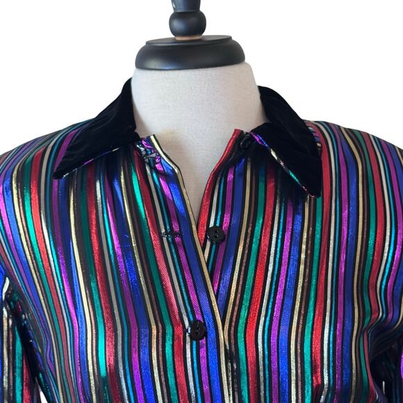 Christa New York Vintage Metallic Striped Velvet Gown Maxi Shirt Dress Size 10 - Picture 3 of 16